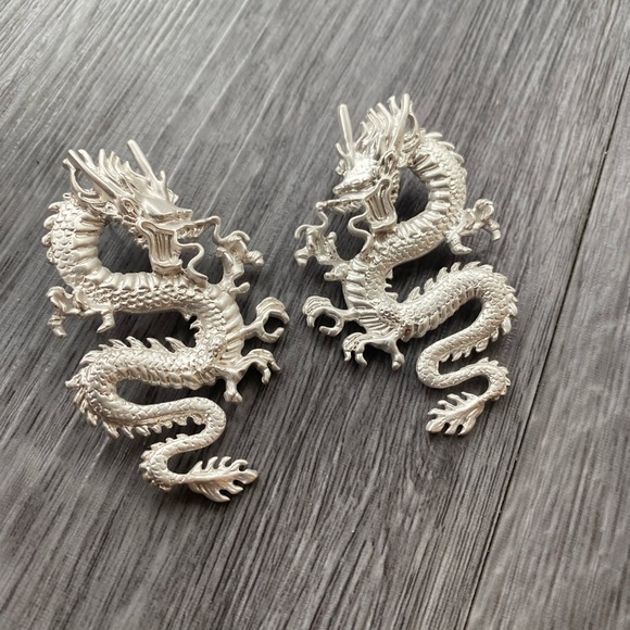 Silver Dragon Statement Earrings- matte finish - Picture 2 of 3